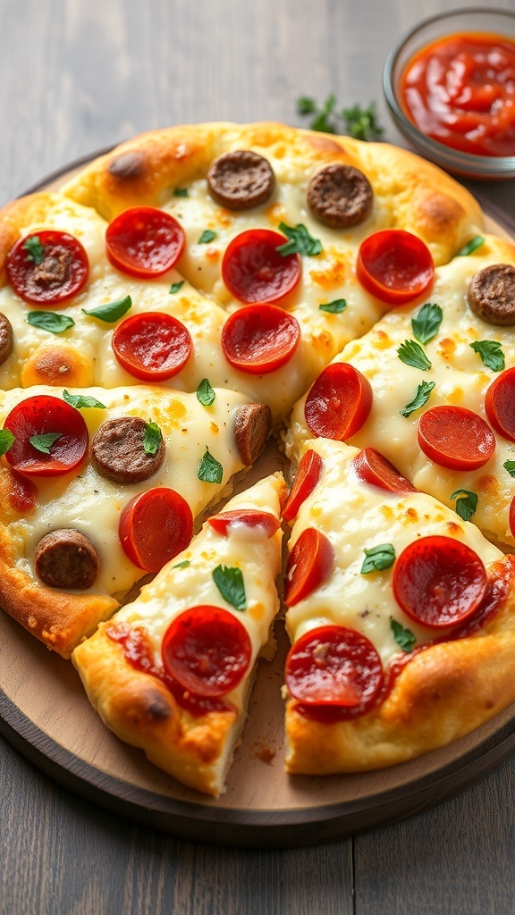 Carnivore Cloud Bread Pizza Recipe Carnivore cloud bread pizza with cheese, pepperoni, and sausage on a wooden board.